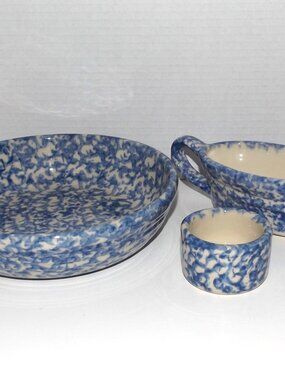 Vintage 3 Pc Collection Workshops of Gerald E. Henn Blue Sponge Stoneware